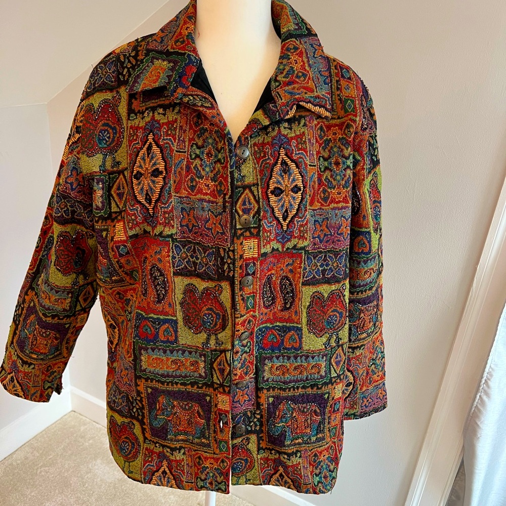 Chico‘s Beaded Jacket with embroidered design-Size 3. Five button front closure.
